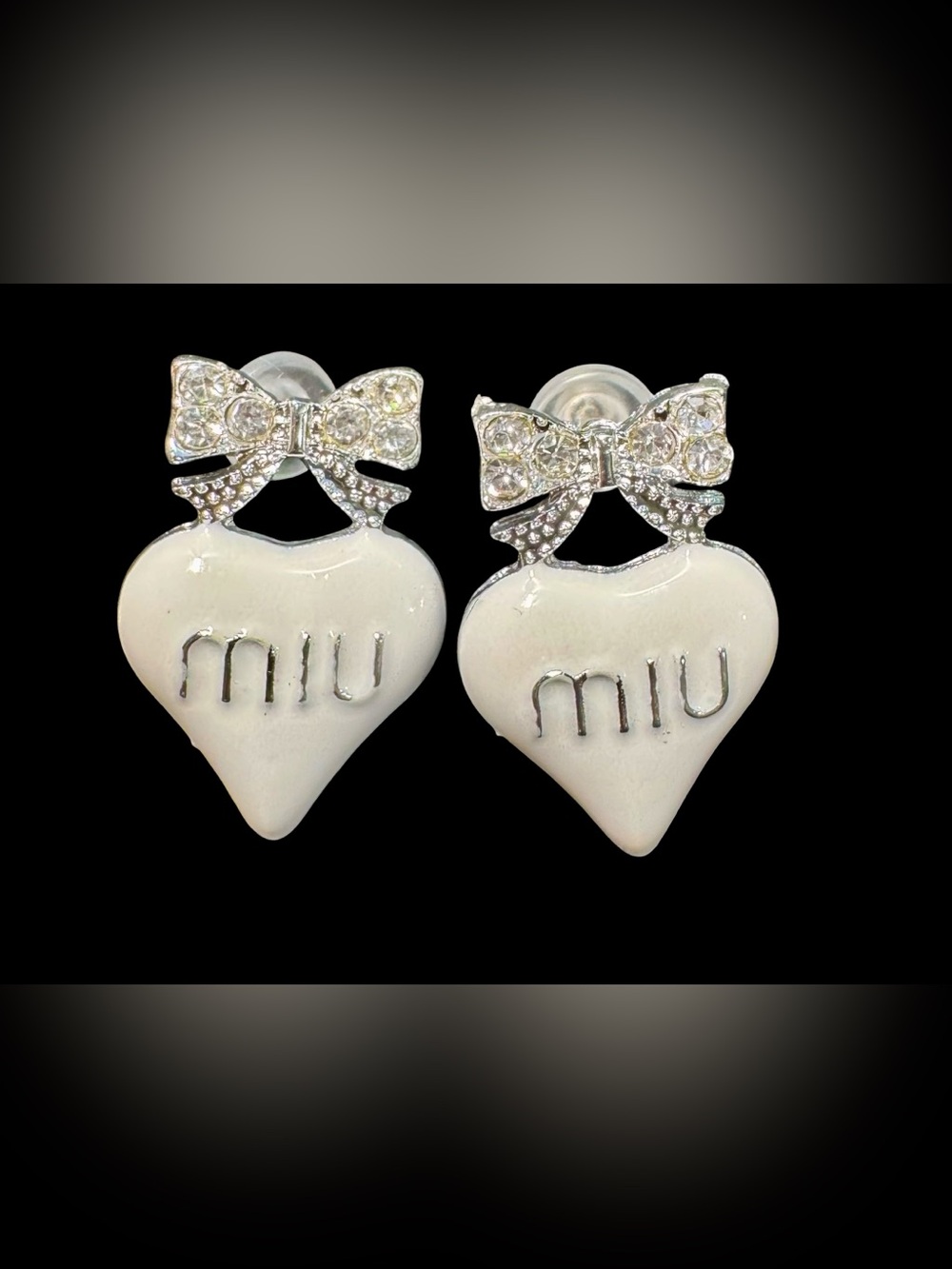 White Heart and Crystal Bow Stud Earrings